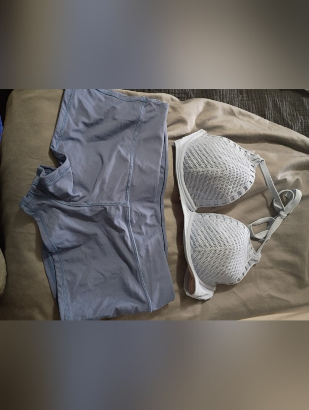 Light Blue Top Warm Blue Boy Short Bottoms Scruntch Booty. Different Brands.
